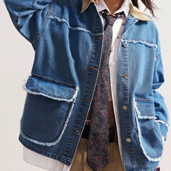 Blue Casual Women's Loose Woven oversized denim Jacket - Picture 1 of 8